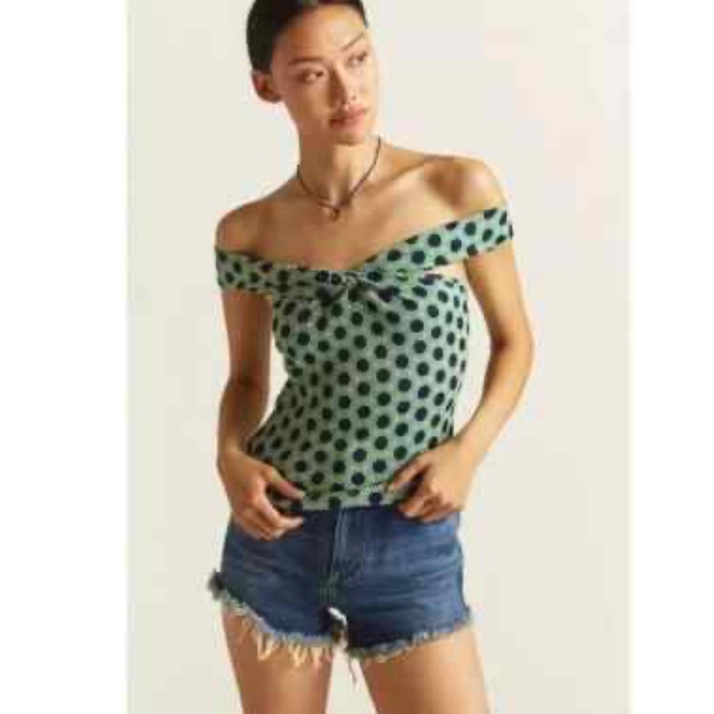 Maeve Anthropologie Green and blue Polka Dot off the shoulder top L